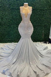 Beautiful Mermaid Sparkle Silver Beaded Long Prom Party Dresses